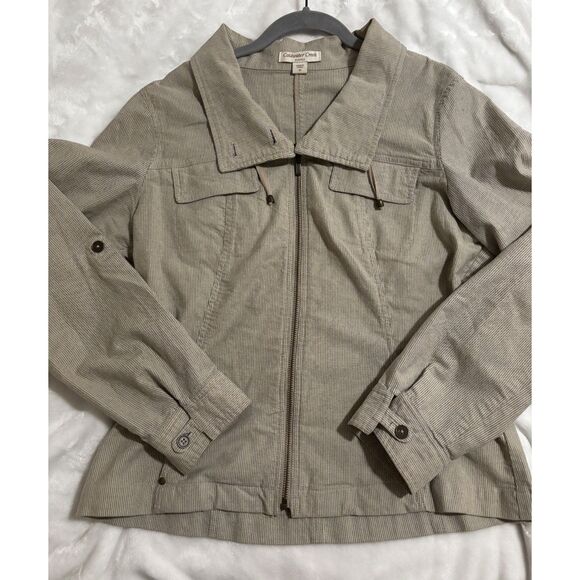 Coldwater Creek Utility Jacket Size10 Beige Pinstripe Zip Cotton Casual Workwear - Picture 1 of 6